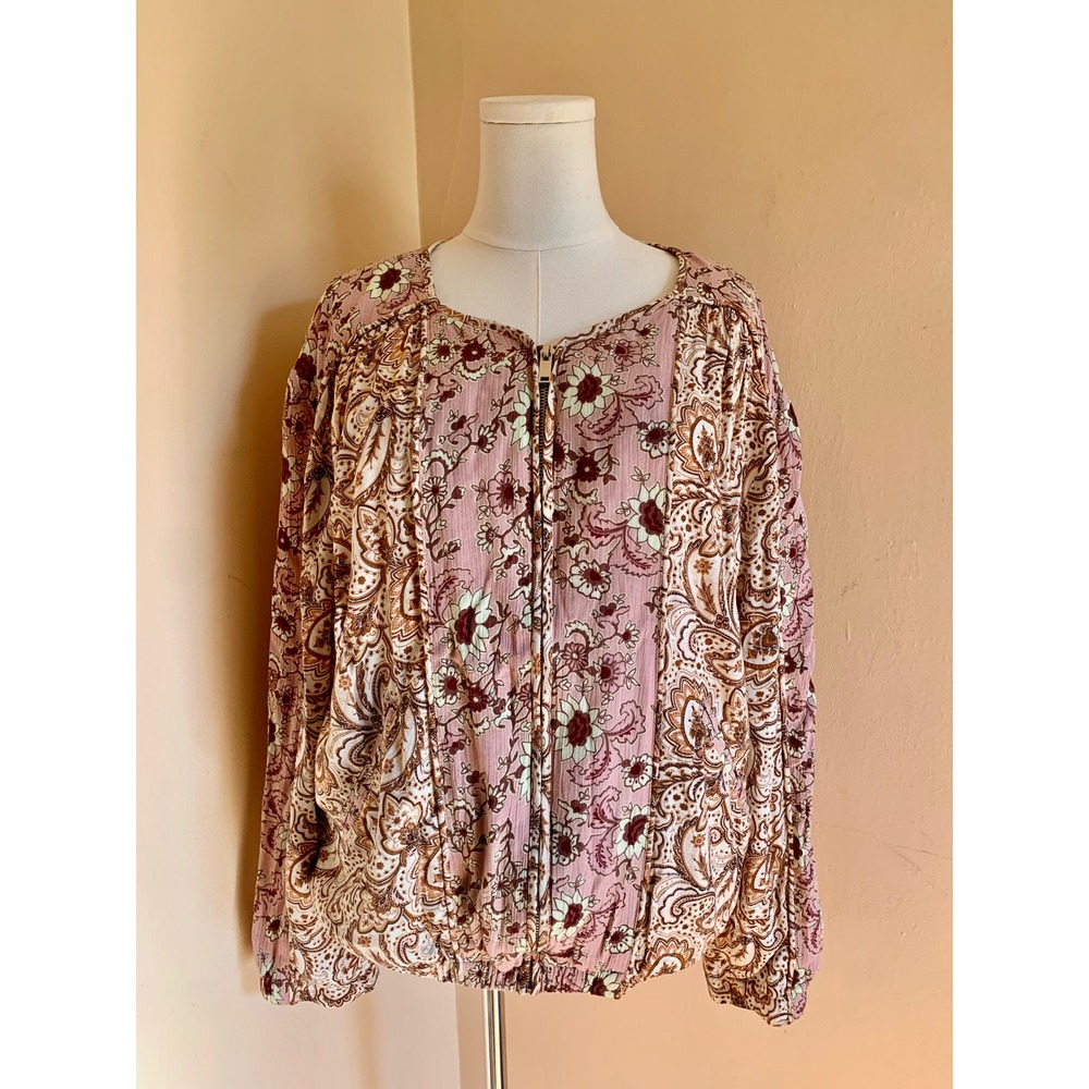 Umgee USA Pink Paisley Floral Mix Print Full Zip Bomber Jacket Large Piping